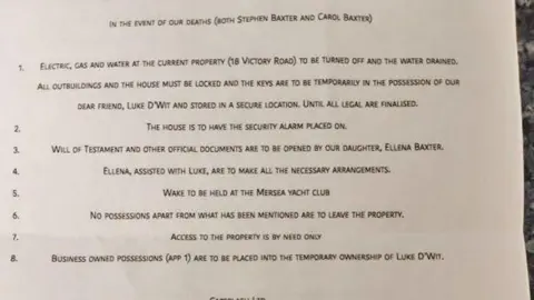 Essex Police A false will made by Luke D'Wit. It calls him the Baxters' "dear friend" and states where the funeral should be held, where the keys should be stored and mentions who can access the property.