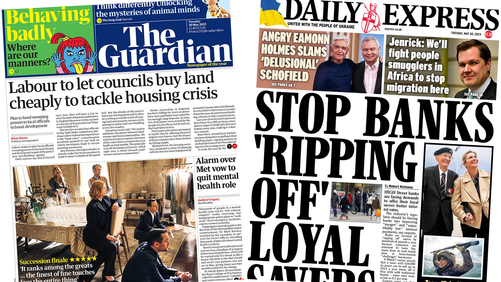 The headline in the Guardian reads, "Labour to let councils buy land cheaply to tackle housing crisis", while the headline in Express reads, "Stop banks 'ripping off' loyal savers"