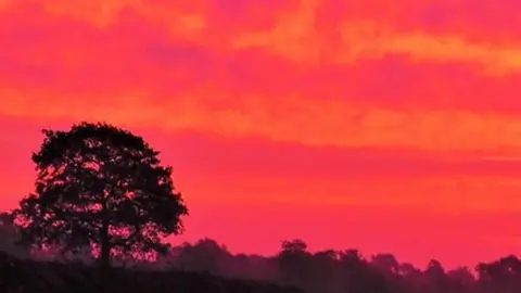 Red skies at sunrise in Great Horwood, Buckinghamshire.