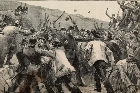 Getty Images Islanders and police clash in Lewis in the Western Isles in an illustration drawn a the time.