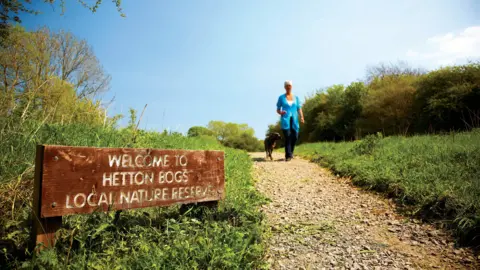 National Trust/Mark Taylor A small wooden sign reading "Welcome to Hetton Bogs Local Nature Reserve", sitting next to a path. A woman is walking along the path, towards the camera, with a dog.