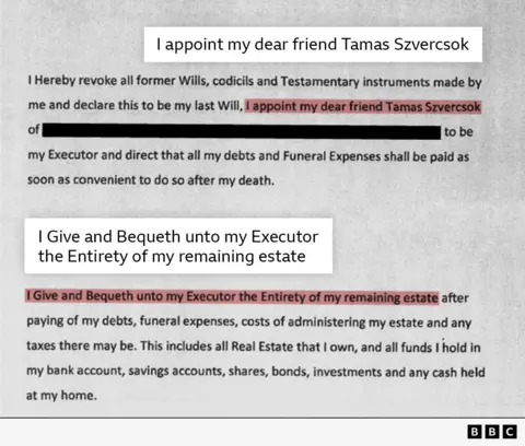An extract from the will of Christine Harverson, which reads: I hereby revoke all former wills, codicils and testamentary instruments made by me and declare this to be my last Will. I appoint my dear friend Tamas Szvercsok to be my executor and direct that all my debts and funeral expenses shall be paid as soon as convenient to do so after my death.
"I give and bequeath unto my executor the entirety of my remaining estate after paying of my debts, funeral expenses, costs of administering my estate and any taxes there may be. This includes all real estate that I own, and all funds I hold in my bank account, savings accounts, shares, bonds, investments and any cash held at my home."