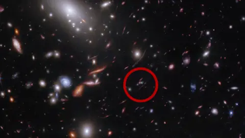 NASA In this image from NASA's James Webb Space Telescope, thousands of bright galaxies are seen within a massive galaxy cluster against the dark background of space. A red circle on the image signals where the Firefly Sparkle is located within the galaxy cluster.