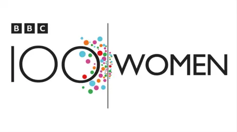 BBC 100 Women logo, with circles in the four colours of the palette - green, orange, light blue and green