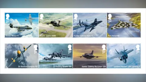Royal Mail A set of eight stamps to celebrate the 30th anniversary of Sir Fank Whittle's death. There are two rows of four. The top row , from left to right, is The Gloster Meteor, The Gloster Javelin, The Hawk T1 trainer and the Avro Vulcan. The bottom row, from left to right is The De Havilland Vampire, the Panavia Tornado, the Hawker Siddeley Buccaneer and the Lockheed Martin F35B.