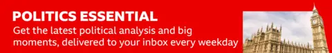 Thin, red banner promoting the Politics Essential newsletter with text saying, “Get the latest political analysis and big moments, delivered straight to your inbox every weekday”. There is also an image of the Houses of Parliament