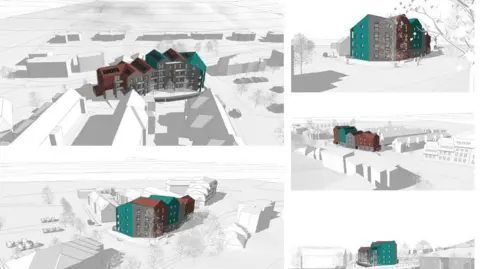 Teignbridge Council Mock up images show what the property will look like from different angles. The drawings show a large grey, blue and brown building with lots of windows. 
