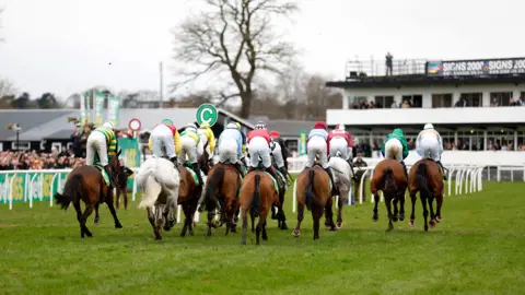 PA Media A number of jockeys riding their horses during a race at a racecourse. They ride on green grass away from us with crowds in the distance behind white fences.