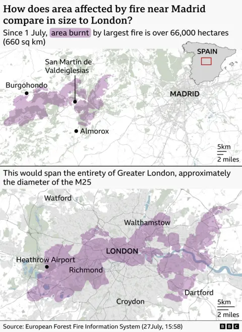 Two-map infographic comparing the area burned by a major wildfire near Madrid with the size of Greater London. The top map shows a burned area shaded in purple west of Madrid, around San Martín de Valdeiglesias, Burgohondo and Almorox. The headline states that since 1 July the largest fire has burned more than 66,000 hectares (660 sq km). An inset map locates the affected area within Spain. The lower map overlays the same, purple-shaded area on Greater London, showing that it would stretch across much of the capital from near Heathrow Airport and Richmond in the west through central London toward Walthamstow and Dartford in the east. The graphic notes that the burned area would span the entirety of Greater London, approximately the diameter of the M25. Source: European Forest Fire Information System (27July, 15:58).