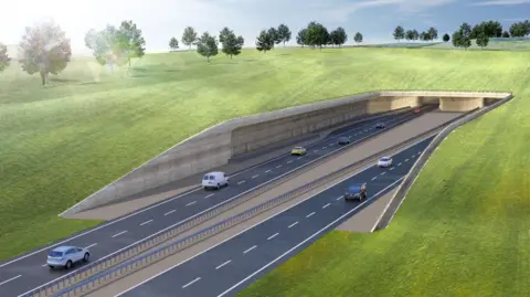 National Highways Computer generated image of a dual carriageway in which cars are seen entering and exiting a tunnel - there are green fields and trees around and above the tunnel entrance. 