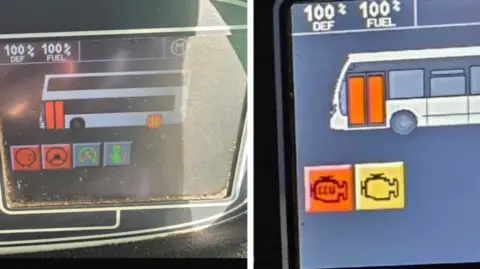 Handout Two dashboards from a Go North East bus display red and amber warning lights. One of the lights spells the word ECU.