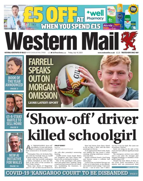 The Western Mail Front page of the Western Mail. Main headline reads: 'Show-off' driver killed schoolgirl. Other headlines read: Farrell speaks out on Morgan omission, with a photo of Jac Morgan holding a rugby ball, £5-a-stake raffle to sell home, and new AI initiative for Wales.