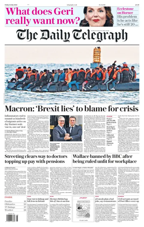 The Daily Telegraph headline reads: "Macron: 'Brexit lies' to blame for crisis"