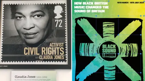 Black Sound A composite image of the poster image saying Black Sound London in teal and black and a stamp of Claudia Jones, the civil rights activist. 