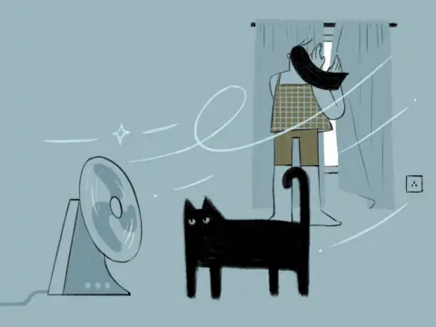 Stylised illustration of a room being cooled by fresh air and a fan. In the foreground, a black cat stands with its tail raised while pale blue airflow lines swirl across the scene. On the left, an electric fan blows air into the room. In the background, a person stands at an open window between parted curtains, facing outside. The person's dark hair is blown sideways by the breeze, and they wear a checked sleeveless top and shorts. The image uses muted blue-grey, black and pale yellow tones, with sweeping white lines indicating moving air. The overall scene suggests ventilating a room to stay cool during hot weather.