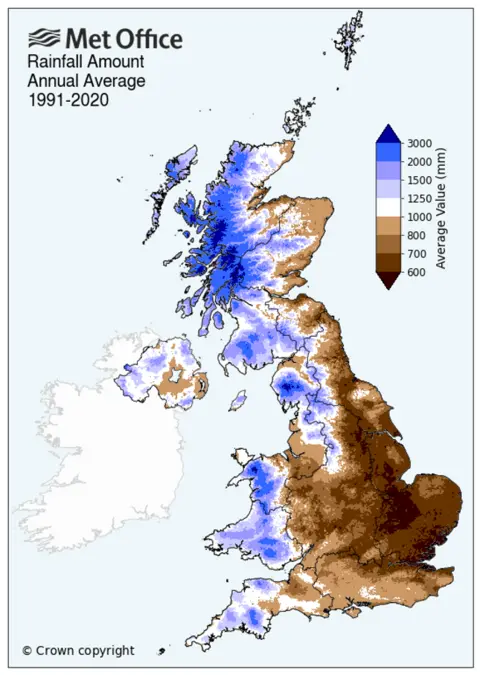 Met Office A Met Office map showing the UK with the annual average rainfall from 1991-2020. The East of England and Eastern Scotland are coloured in brown, which is the lower levels, with the West of Wales, Northern Ireland, England and Scotland in blue which is high.
