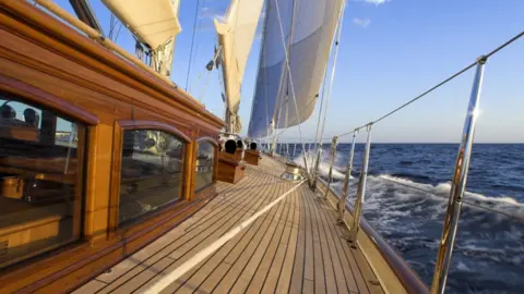 The deck of a sailing boat