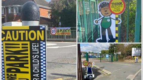 A composite of three images detailing road safety campaigns. one image shows a sign that says "20 is plenty, kill your speed. 
another sign is a cartoon boy in a green jumper with the sign "think before you park"
the third image shows a cartoon girl in a blue dress with red hair, holding a sign "think before you park"