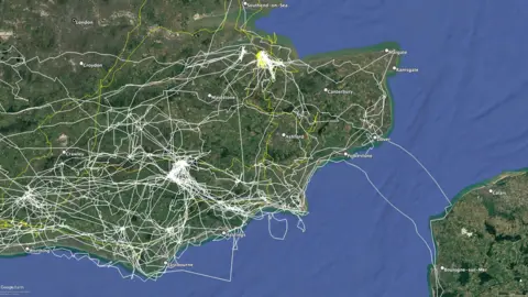Google/Roy Dennis Wildlife Foundation A map of the southeast of England showcases the journeys of two white-tailed eagles. Eagle G603, marked in yellow, has flown across most of the home counties with a prominent presence in Kent. Eagle G542, marked in white, has spent time at Elmley and has flown across the English Channel to the northern coast of France, flying close to Boulogne-sur-Mer.