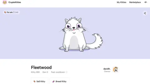 www.cryptokitties.co Screenshot of a page with a cartoon kitten for sale