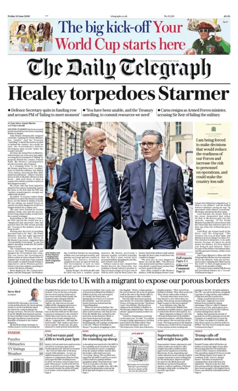 The headline on the front page of the Daily Telegraph reads: "Healey torpedoes Starmer."