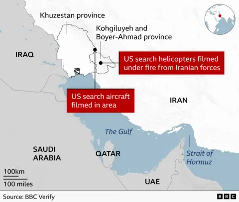  “US search helicopters filmed under fire from Iranian forces” in Kohgiluyeh and Boyer-Ahmad province. “US search aircraft filmed in area” near Khuzestan. The map also shows nearby countries including Saudi Arabia, Qatar, and the United Arab Emirates. Key geographic features include The Persian Gulf and the Strait of Hormuz. Overall, it’s illustrating the location of reported US search operations and alleged Iranian engagement in southwestern Iran, based on BBC Verify reporting.