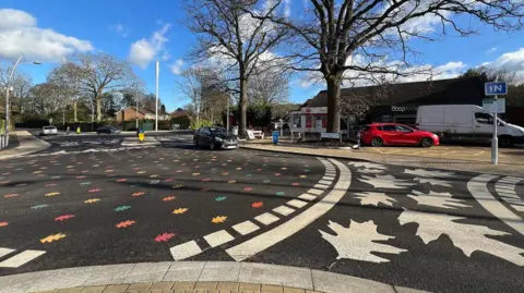 A photo taken from the pavement showing one of the roundabouts, with the white leaf crossing on the right and the rainbow leaf roundabout on the left. It's a sunny day and the sky is blue.