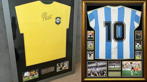 Priestley family Signed football shirts worn by Pele and Diego Maradona with photographs alongside in a frame