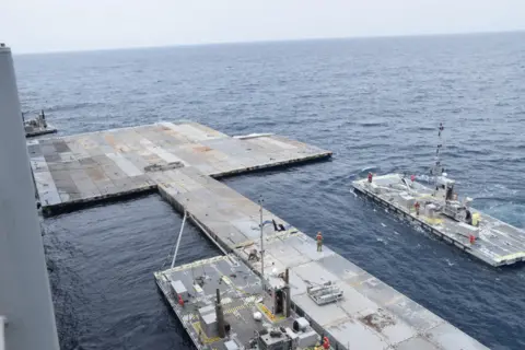 An overhead shot of the Gaza pier under constructions