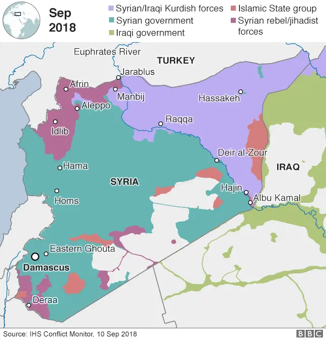 Map showing control of Syria and location of Hajin (3 September 2018)