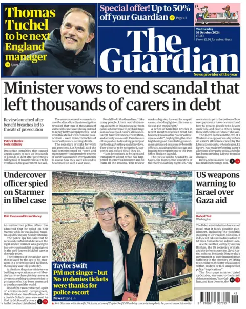 The Guardian The Guardian features a headline which reads "Minister vows to end scandal that left thousands of carers in debt" 