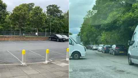 Car park with few cars (left) and back lane with parked cars (right)