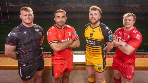 Dewi Lake of Ospreys, Liam Belcher of Cardiff, Aneurin Owen of Dragons and Blair Murray of Scarlets