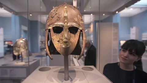 Oli Scarff/British Museum Sutton Hoo warrior's helmet on display at the British Museum