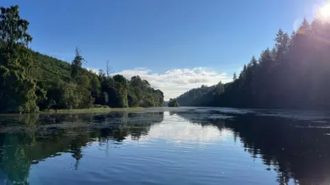 George Moffat A calm river reflects the blue sky and surrounding woodland, with sunlight shining over tree-covered banks on a clear day.
