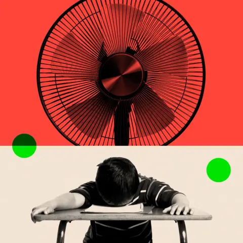 BBC Montage image, in the top half of which the silhouette of a fan appears against a red back drop. Below, against a beige backdrop, a boy slumps forward with his face and harms on his school desk. There are two green dots on the left and right-hand sides of the image.