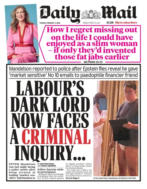 "Labour's dark lord now faces a criminal inquiry," reads the headline on the Daily Mail.