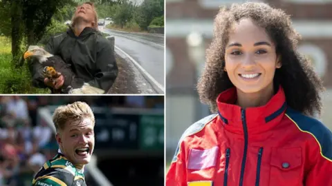 A collage of three images: a woman holding a bald eagle on a roadside, a smiling woman in a red and blue jacket, and a male rugby player looking up in excitement.