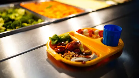 A child's meal in a yellow plastic tray with partitioned sections. There is broccoli carrots and stuffing with chicken in one side, covered in gravy. There is a blue cup in a cupholder and pieces of fruit in another section. The tray is on a metallic surface with a series of bain-maries behind it.