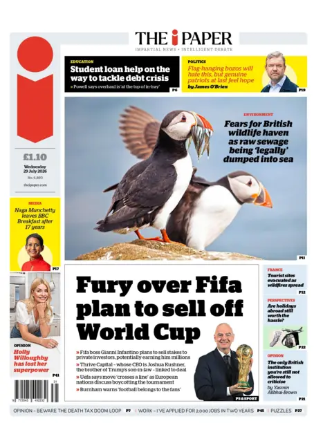 "Fury over Fifa plan to sell off World Cup," reads the headline on the front page of the i Paper.