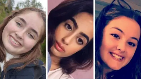 A composite image showing the faces of Christie Harnett, Nadia Sharif and Emily Moore. Miss Harness has shoulder-length auburn hair and blue eyes. She is smiling at the camera. Miss Sharif has long dark hair and brown eyes. She is looking at the camera, posing with a neutral expression. Miss Moore has long light brown hair with a side parting and brown eyes. She smiles at the camera.