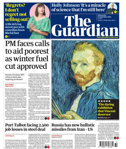 Guardian front page with the headline "PM faces calls to aid poorest as winter fuel cut approved"