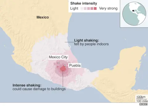 BBC Map showing shake intensity of Tuesday's earthquake