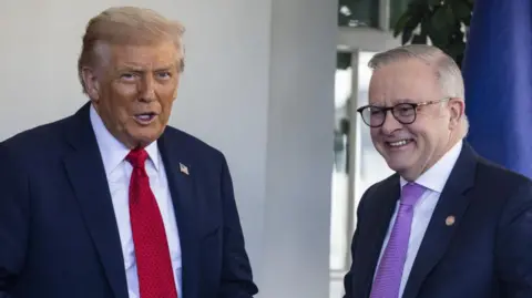 Donald Trump and Anthony Albanese smile and pose for photos outside the White House