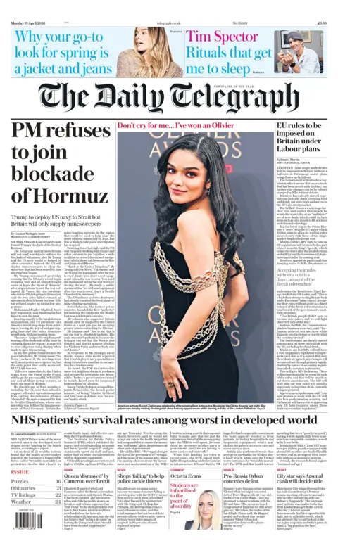 "PM refuses to join blockade of Hormuz," reads the headline on the front page of the Daily Telegraph.
