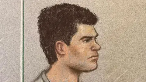 A sketch of PC Jake Cummings in court, behind a screen and sitting on a row of green chairs