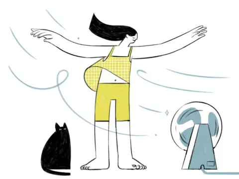 Illustrated scene of a person standing with arms stretched wide as blue swirls of wind move around them. The person wears a yellow checked top and yellow shorts, with long dark hair blowing sideways. A black cat sits on the ground to the left, and a small electric fan inside a transparent dome stands on the right. The drawing uses a minimal black, yellow and pale blue colour palette on a light background.