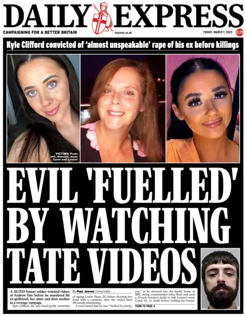 El titular en la página principal del Daily Express dice: "El mal 'alimentado' viendo videos de Tate."