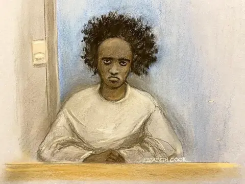 PA Media Artist's tribunal  sketch of Rudakubana. He is pictured successful  the tribunal  dock with agelong  afro hair, wearing a long-sleeved achromatic  t shirt.