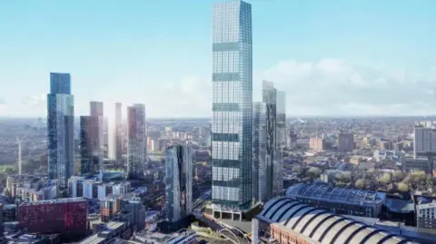 CGI of planned skyscraper with Manchester surroundings.